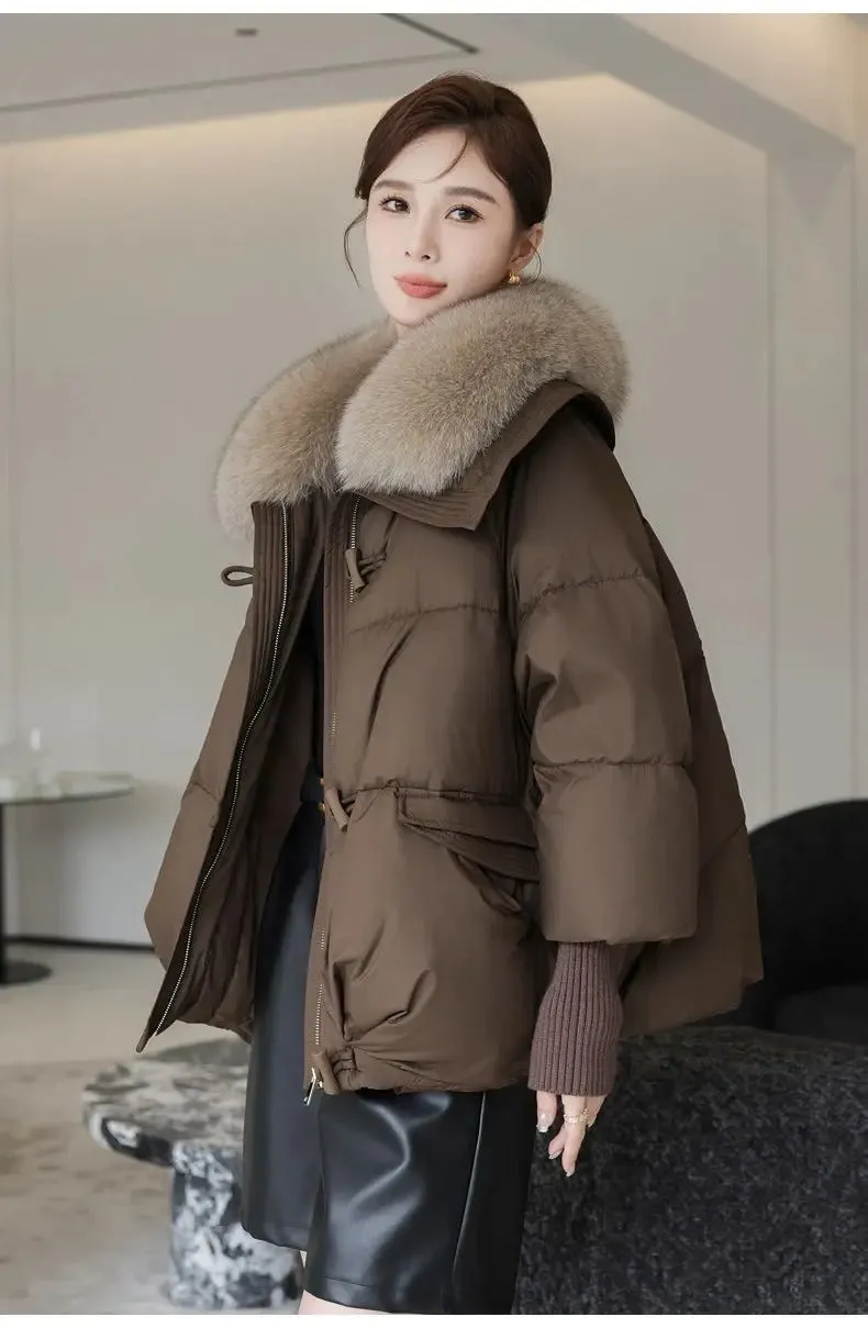 Winter New Fur Collar Puffer Down Parka Loose Down Warmer Thicken Snow Jacket Pocket Zipper Faux Fur Outerwear Female