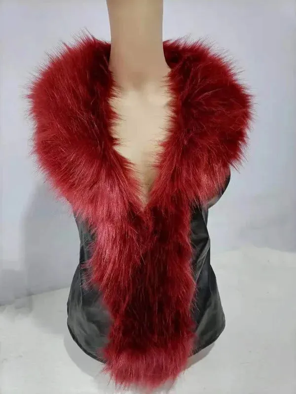 Women Leather Jacket Fur Collar Stitching Simulation Leather Oversized Raccoon Autumn Winter Solid Color Sleeveless Vest Coat