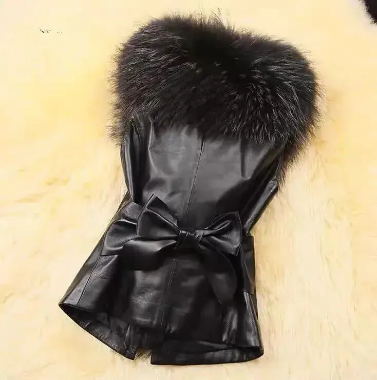 Women Leather Jacket Fur Collar Stitching Simulation Leather Oversized Raccoon Autumn Winter Solid Color Sleeveless Vest Coat