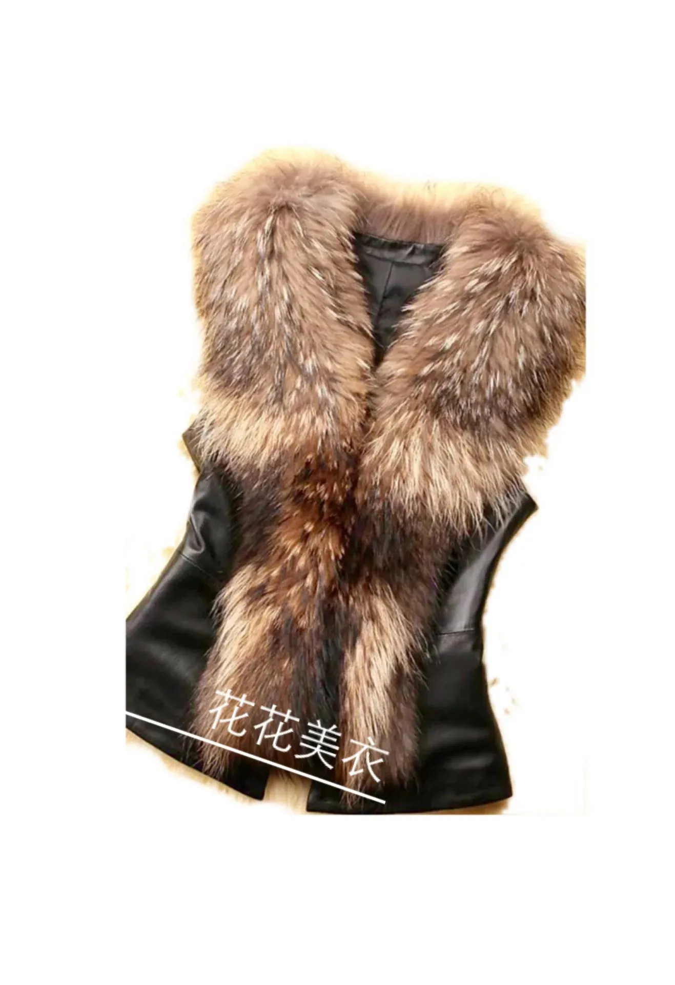 Women Leather Jacket Fur Collar Stitching Simulation Leather Oversized Raccoon Autumn Winter Solid Color Sleeveless Vest Coat