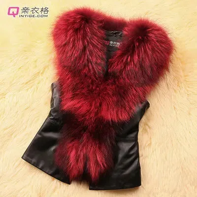 Women Leather Jacket Fur Collar Stitching Simulation Leather Oversized Raccoon Autumn Winter Solid Color Sleeveless Vest Coat
