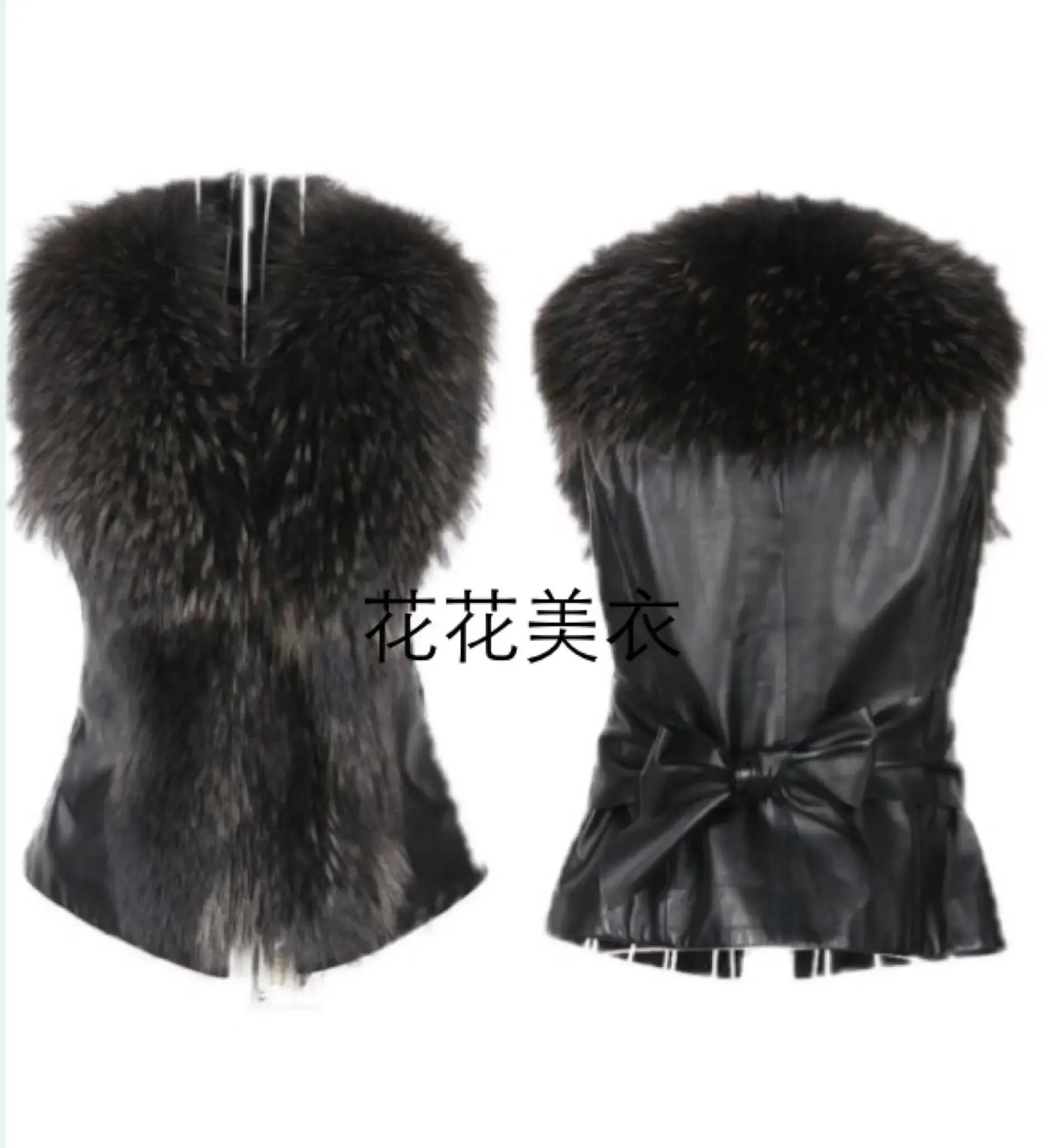 Women Leather Jacket Fur Collar Stitching Simulation Leather Oversized Raccoon Autumn Winter Solid Color Sleeveless Vest Coat