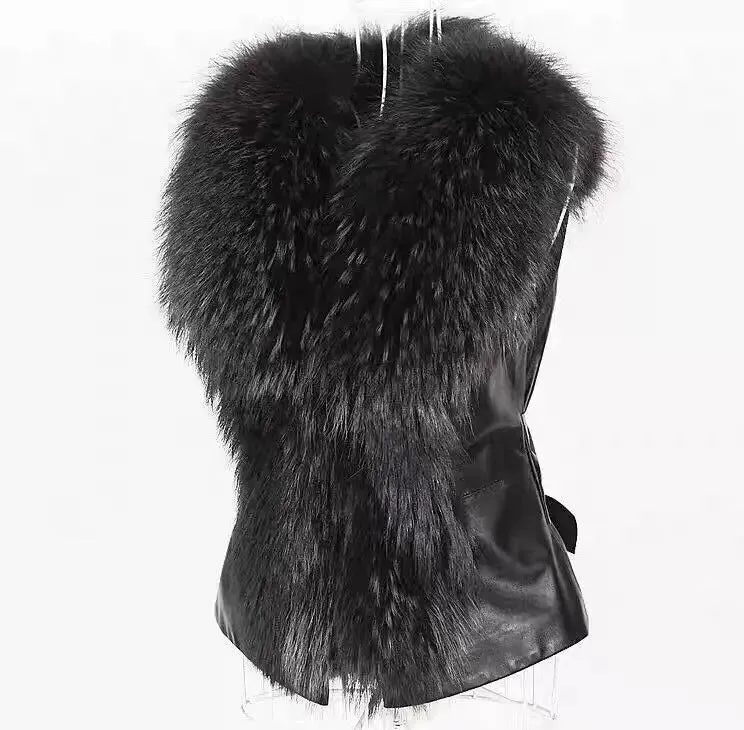 Women Leather Jacket Fur Collar Stitching Simulation Leather Oversized Raccoon Autumn Winter Solid Color Sleeveless Vest Coat