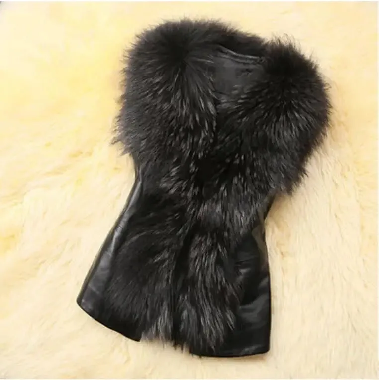 Women Leather Jacket Fur Collar Stitching Simulation Leather Oversized Raccoon Autumn Winter Solid Color Sleeveless Vest Coat