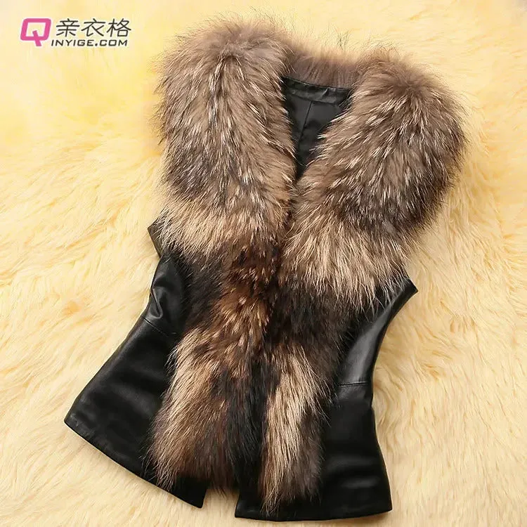 Women Leather Jacket Fur Collar Stitching Simulation Leather Oversized Raccoon Autumn Winter Solid Color Sleeveless Vest Coat