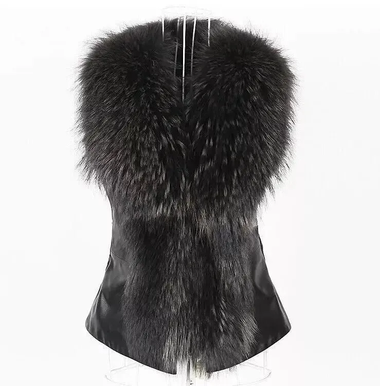 Women Leather Jacket Fur Collar Stitching Simulation Leather Oversized Raccoon Autumn Winter Solid Color Sleeveless Vest Coat