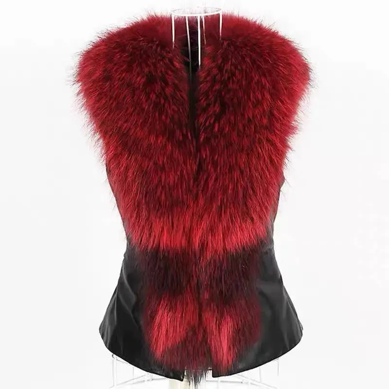 Women Leather Jacket Fur Collar Stitching Simulation Leather Oversized Raccoon Autumn Winter Solid Color Sleeveless Vest Coat