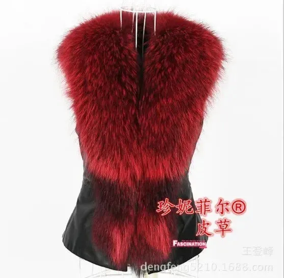 Women Leather Jacket Fur Collar Stitching Simulation Leather Oversized Raccoon Autumn Winter Solid Color Sleeveless Vest Coat