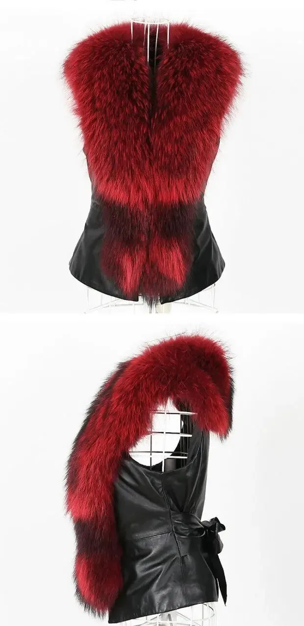 Women Leather Jacket Fur Collar Stitching Simulation Leather Oversized Raccoon Autumn Winter Solid Color Sleeveless Vest Coat