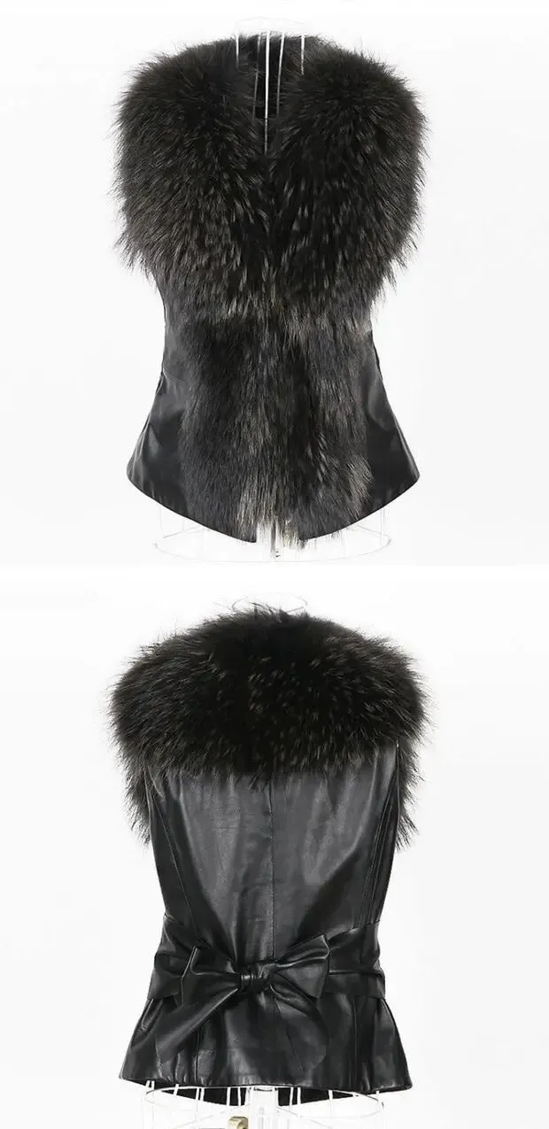 Women Leather Jacket Fur Collar Stitching Simulation Leather Oversized Raccoon Autumn Winter Solid Color Sleeveless Vest Coat