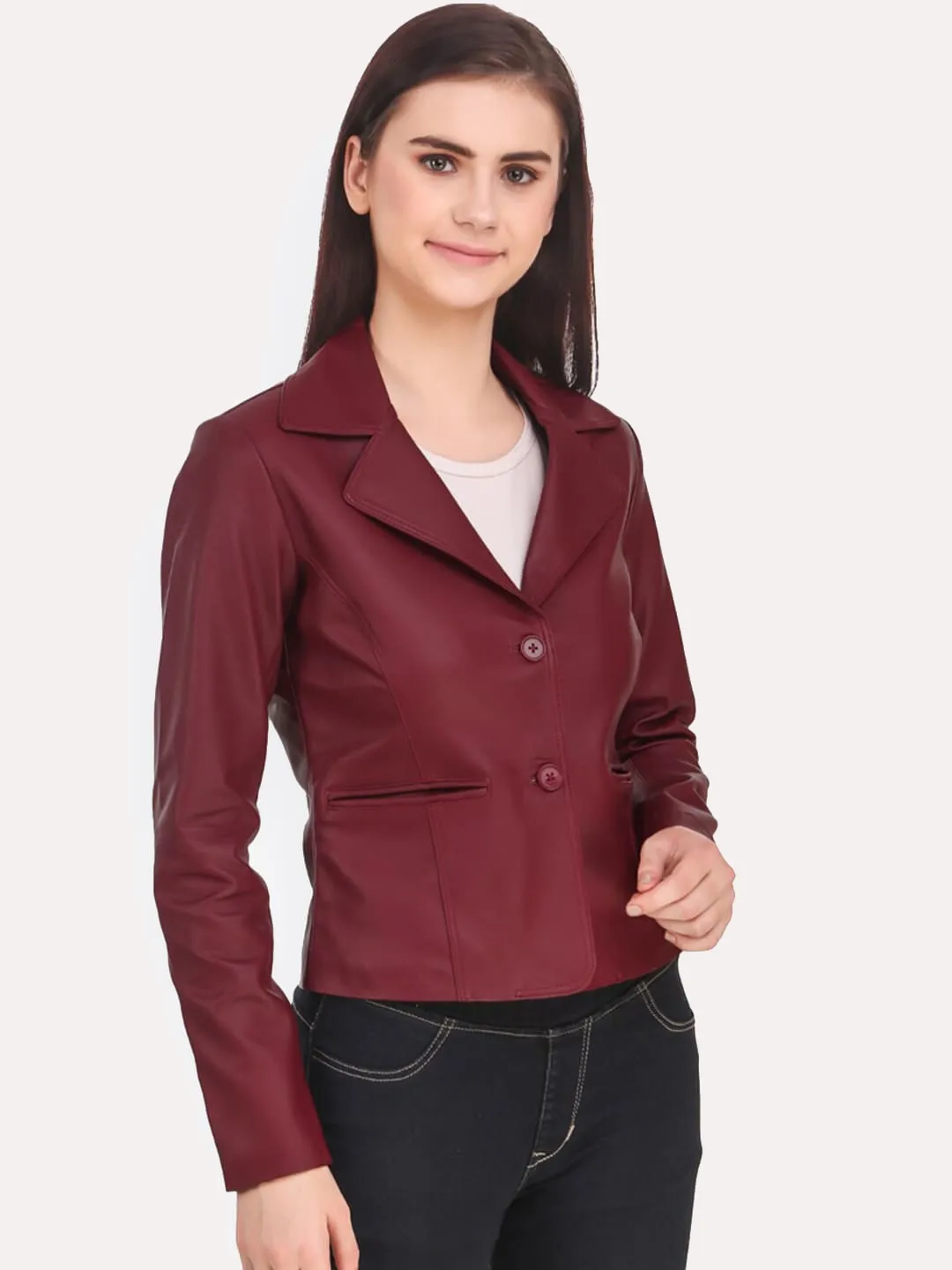 Women Red Crop Leather Jacket | QAWACH