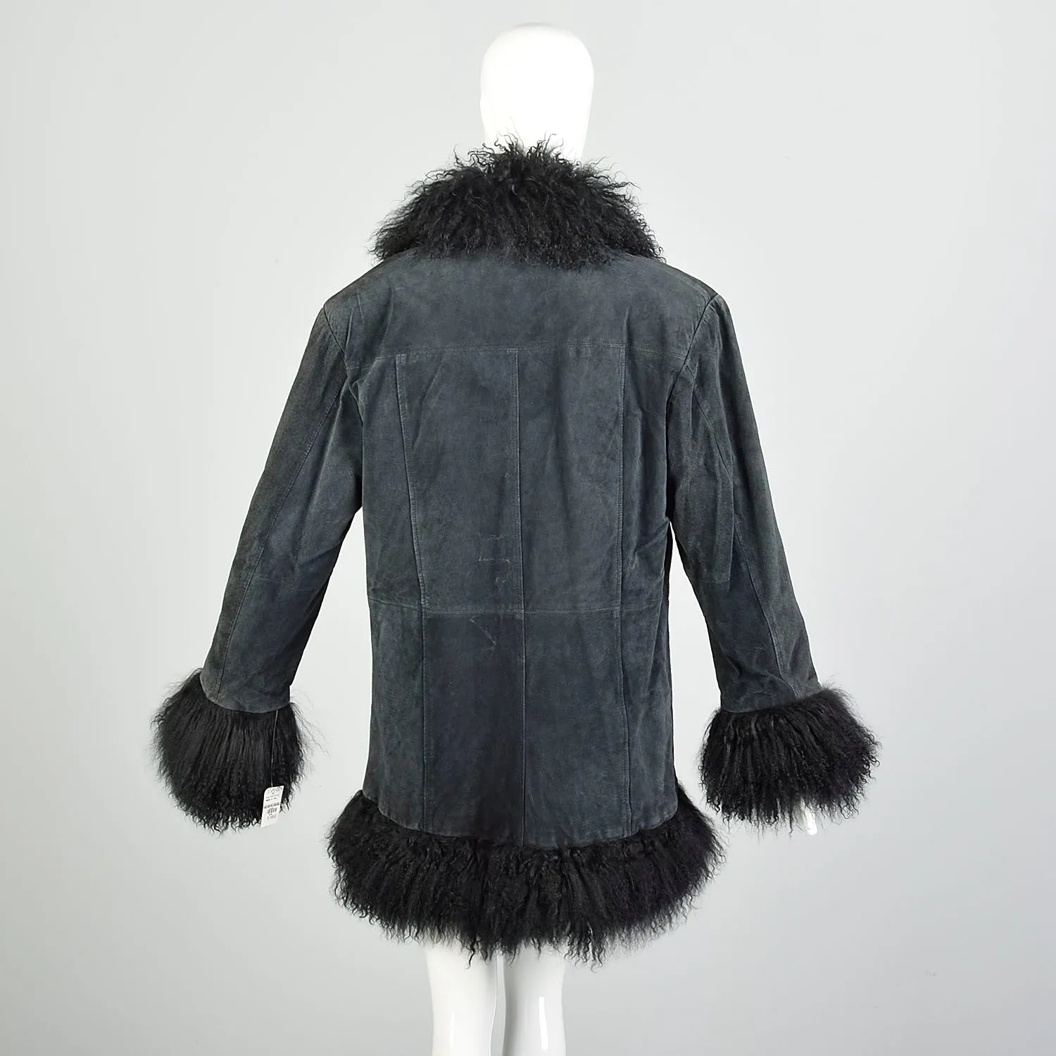 XL 1990s Fur Trimmed Winter Jacket Mongolian Lamb Black Suede Leather Car Coat