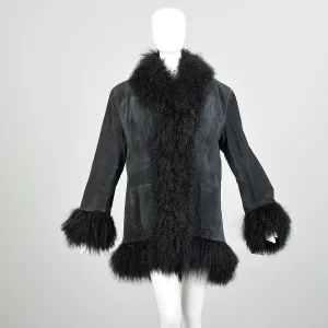 XL 1990s Fur Trimmed Winter Jacket Mongolian Lamb Black Suede Leather Car Coat