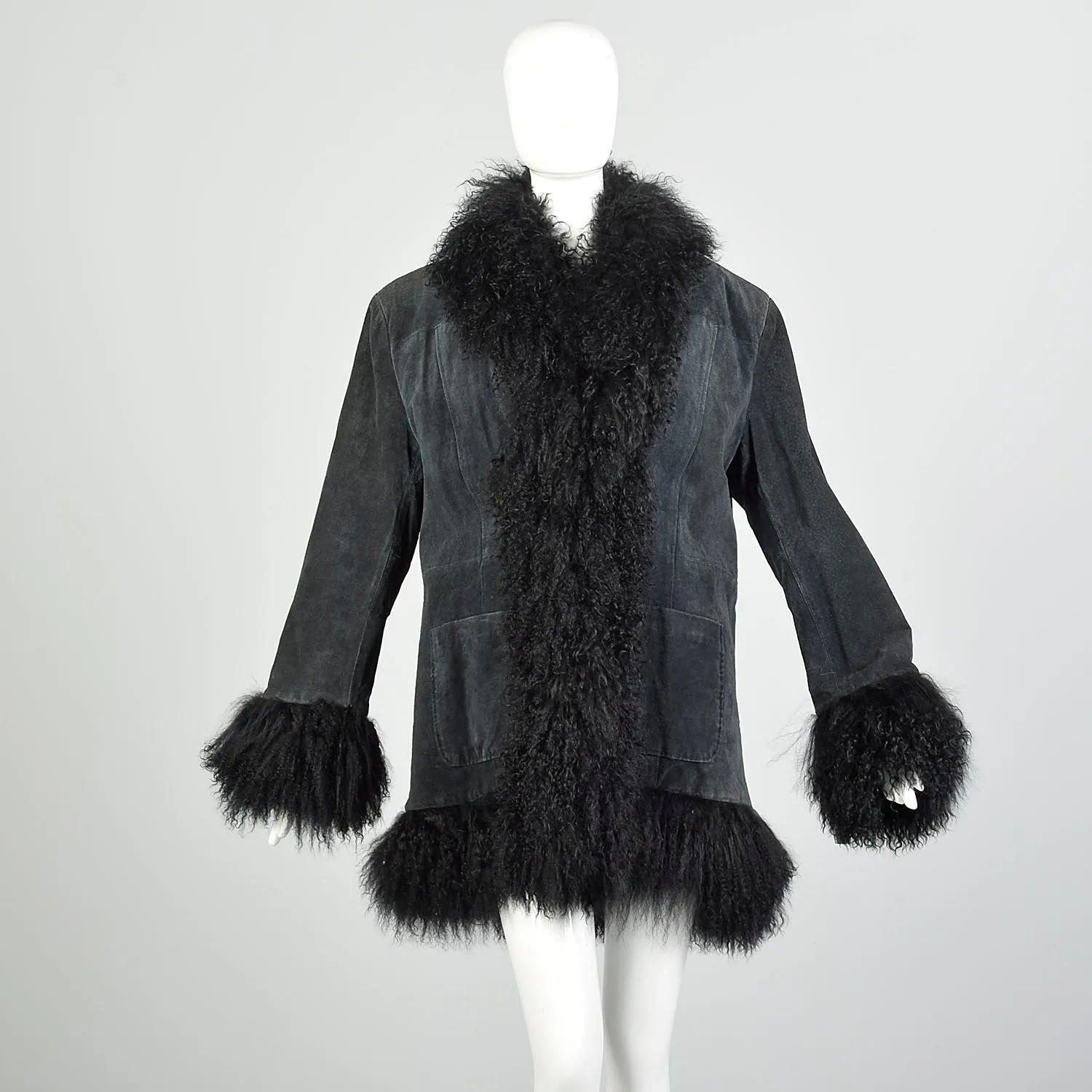 XL 1990s Fur Trimmed Winter Jacket Mongolian Lamb Black Suede Leather Car Coat