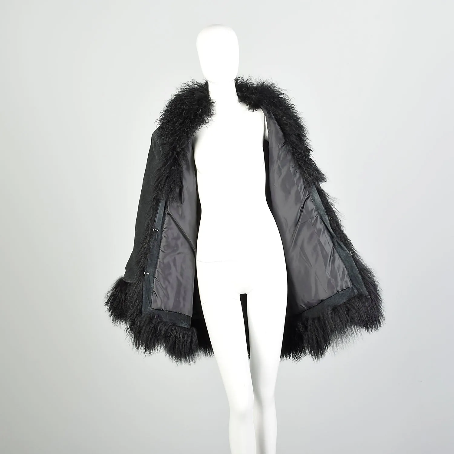 XL 1990s Fur Trimmed Winter Jacket Mongolian Lamb Black Suede Leather Car Coat